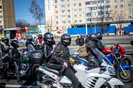 MINSK, BELARUS - 1 MARTH, 2019: group of bikers riding motorbikes during the motorcycle rallyのeditorial素材