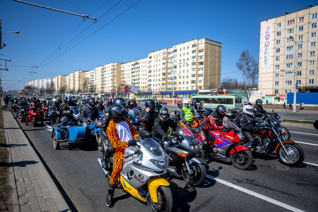 MINSK, BELARUS - 1 MARTH, 2019: group of bikers riding motorbikes during the motorcycle rallyのeditorial素材