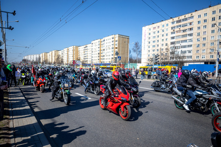 MINSK, BELARUS - 1 MARTH, 2019: group of bikers riding motorbikes during the motorcycle rallyのeditorial素材