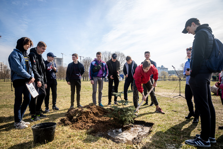 MINSK, BELARUS - 1 MARTH, 2019: friendly family plants a treeのeditorial素材