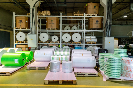 MINSK, BELARUS - 1 JUNE, 2019: factory for the production of biodegradable eco-friendly shopping bagsのeditorial素材