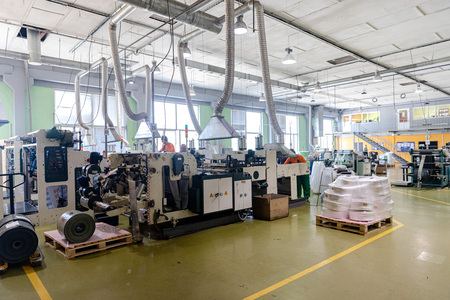 MINSK, BELARUS - 1 JUNE, 2019: factory for the production of biodegradable eco-friendly shopping bagsのeditorial素材