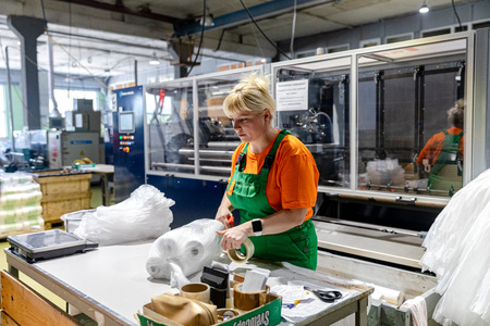 MINSK, BELARUS - 1 JUNE, 2019: factory for the production of biodegradable eco-friendly shopping...