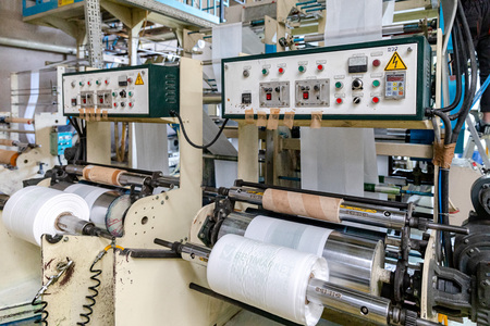 MINSK, BELARUS - 1 JUNE, 2019: factory for the production of biodegradable eco-friendly shopping bagsのeditorial素材
