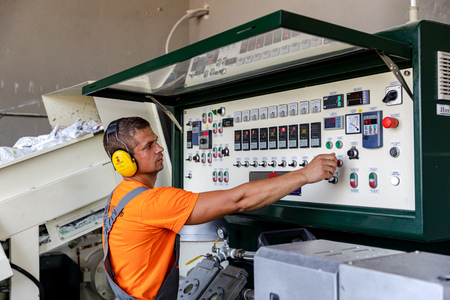 MINSK, BELARUS - 1 JUNE, 2019: factory for the production of biodegradable eco-friendly shopping bagsのeditorial素材