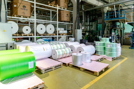 MINSK, BELARUS - 1 JUNE, 2019: factory for the production of biodegradable eco-friendly shopping bagsのeditorial素材
