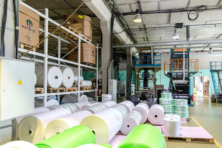 MINSK, BELARUS - 1 JUNE, 2019: factory for the production of biodegradable eco-friendly shopping bagsのeditorial素材