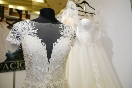 wedding dresses in the shop of wedding paraphernaliaの写真素材