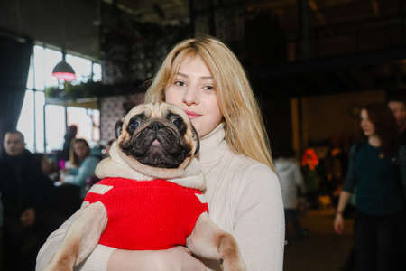 MINSK, BELARUS - February 25, 2020: the owner holds a beautiful pug in his armsのeditorial素材