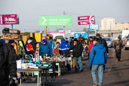 MINSK, BELARUS - 1 MARCH, 2020: flea market. sellers sell consumer goodsの写真素材