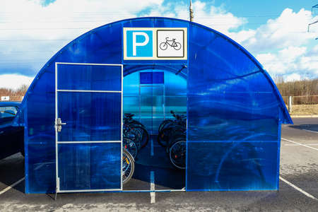 MINSK, BELARUS - 1 MARCH, 2020: bicycle storage garage, bike parkingのeditorial素材