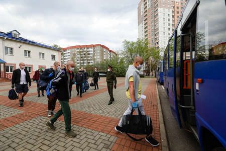 MINSK, BELARUS - 1 MARCH, 2020: draftees undergo a physical examination and go to serve in the army during the coronavirus pandemicのeditorial素材