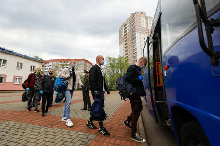 MINSK, BELARUS - 1 MARCH, 2020: draftees undergo a physical examination and go to serve in the army during the coronavirus pandemicのeditorial素材