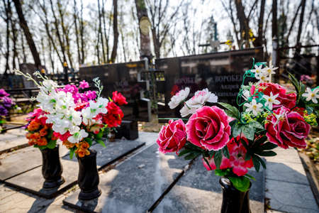 MINSK, BELARUS - 1 MAY, 2019: abandoned Orthodox cemetery in sunny spring weather