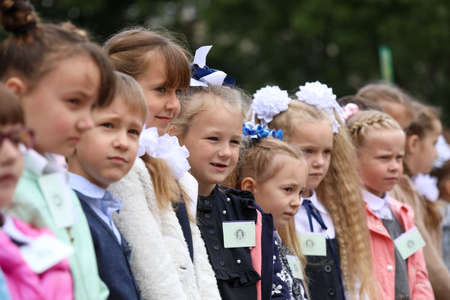 MINSK, BELARUS - 9 AUGUST, 2020: children go to the first grade of schoolのeditorial素材