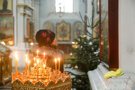 MINSK, BELARUS - 1 March, 2022: Orthodox came to church to pray for Sunday service