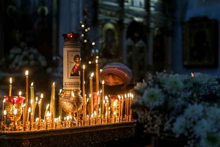 MINSK, BELARUS - 1 March, 2022: Orthodox came to church to pray for Sunday serviceのeditorial素材
