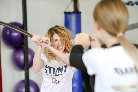 MINSK, BELARUS - 1 March, 2022: training of stuntmen who perform stunts in filmsのeditorial素材