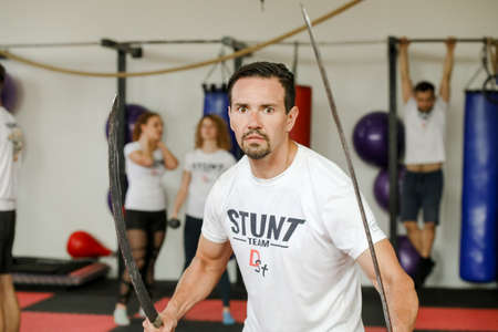 MINSK, BELARUS - 1 March, 2022: training of stuntmen who perform stunts in filmsのeditorial素材