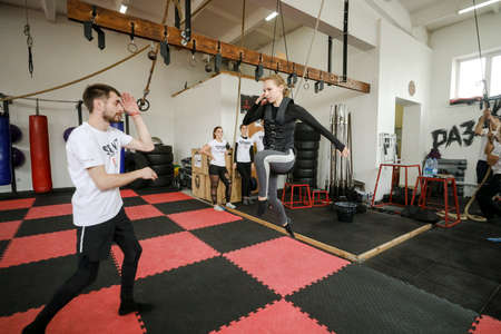 MINSK, BELARUS - 1 March, 2022: training of stuntmen who perform stunts in filmsのeditorial素材