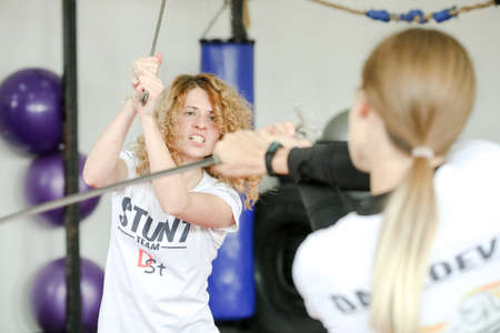 MINSK, BELARUS - 1 March, 2022: training of stuntmen who perform stunts in filmsのeditorial素材