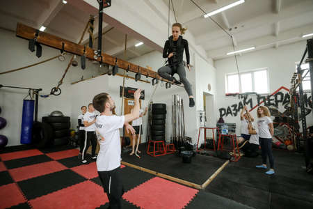 MINSK, BELARUS - 1 March, 2022: training of stuntmen who perform stunts in filmsのeditorial素材
