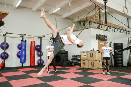MINSK, BELARUS - 1 March, 2022: training of stuntmen who perform stunts in filmsのeditorial素材
