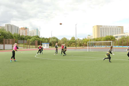 MINSK, BELARUS - 22 July, 2022: girls train to play flag footballの写真素材