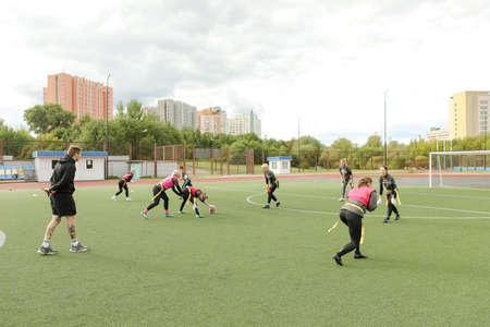 MINSK, BELARUS - 22 July, 2022: girls train to play flag footballの写真素材