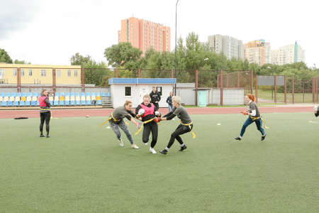 MINSK, BELARUS - 22 July, 2022: girls train to play flag footballの写真素材