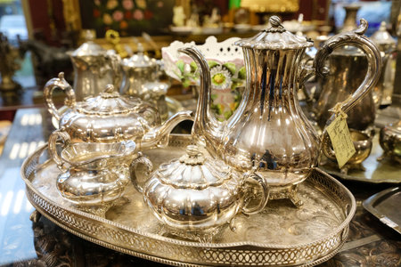 MINSK, BELARUS - 9 SEPTEMBER, 2022: shop selling vintage tableware and furniture antiquesの写真素材