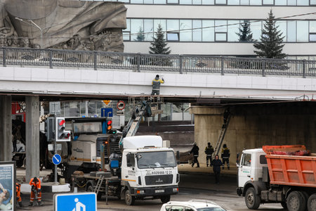 MINSK, BELARUS - 9 SEPTEMBER, 2022: repair of the destroyed bridgeの写真素材