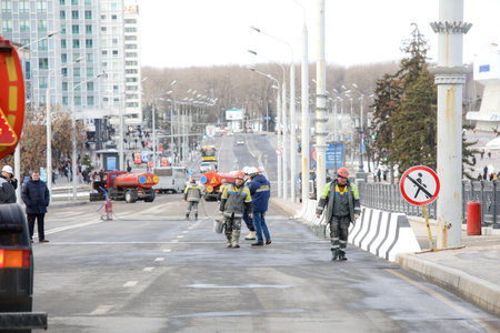 MINSK, BELARUS - 9 SEPTEMBER, 2022: repair of the destroyed bridgeの写真素材