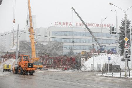 MINSK, BELARUS - 9 SEPTEMBER, 2022: repair of the destroyed bridgeの写真素材