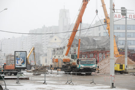 MINSK, BELARUS - 9 SEPTEMBER, 2022: repair of the destroyed bridgeの写真素材