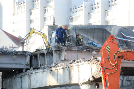 MINSK, BELARUS - 9 SEPTEMBER, 2022: repair of the destroyed bridgeの写真素材