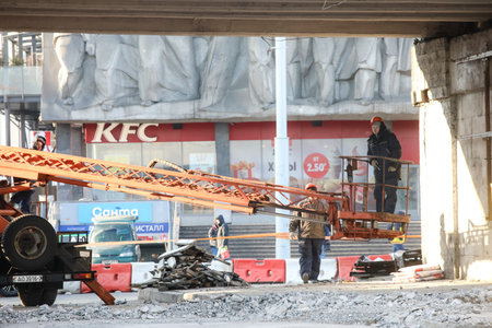 MINSK, BELARUS - 9 SEPTEMBER, 2022: repair of the destroyed bridgeの写真素材