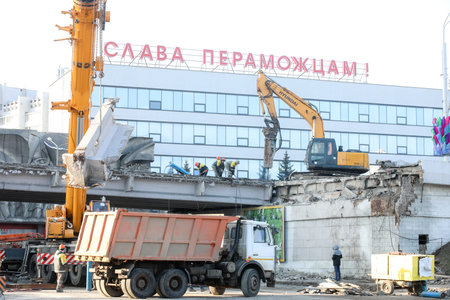 MINSK, BELARUS - 9 SEPTEMBER, 2022: repair of the destroyed bridgeの写真素材