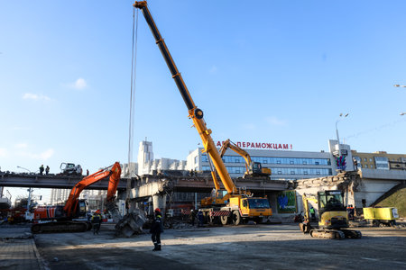 MINSK, BELARUS - 9 SEPTEMBER, 2022: repair of the destroyed bridgeの写真素材
