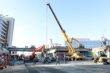 MINSK, BELARUS - 9 SEPTEMBER, 2022: repair of the destroyed bridgeの写真素材