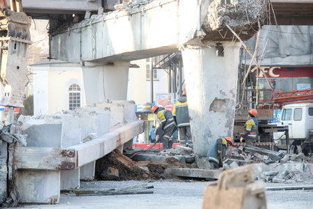 MINSK, BELARUS - 9 SEPTEMBER, 2022: repair of the destroyed bridgeの写真素材