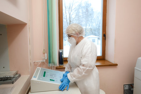 MINSK, BELARUS - 9 SEPTEMBER, 2022: traumatology department of the hospital bandaging of broken limbsの写真素材