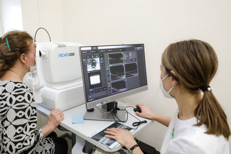 MINSK, BELARUS - 9 SEPTEMBER, 2022: ophthalmologist examining patient in eye hospitalの写真素材
