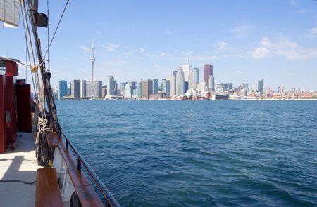 Toronto skyline from sail ship on Ontario lakeの写真素材