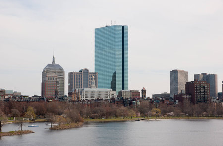 Boston Back Bay Skyline John Hancock Tower, viewed from Cambridge, Massachusetts のeditorial素材