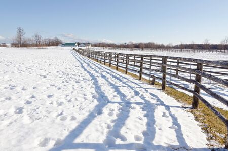 Farm fence and lines of shadows in winter timeの写真素材