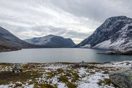 View of the misty mountain lake. Norway.の写真素材