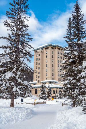Chateau Lake Louise in Canadian Rocky mountains in winter, Alberta, Canadaの写真素材