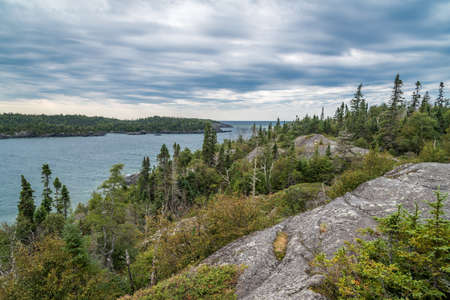 Highway along blue water of Superior Lake shoreの写真素材