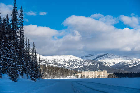Chateau Lake Louise in Canadian Rocky mountains in winter, Alberta, Canadaの写真素材